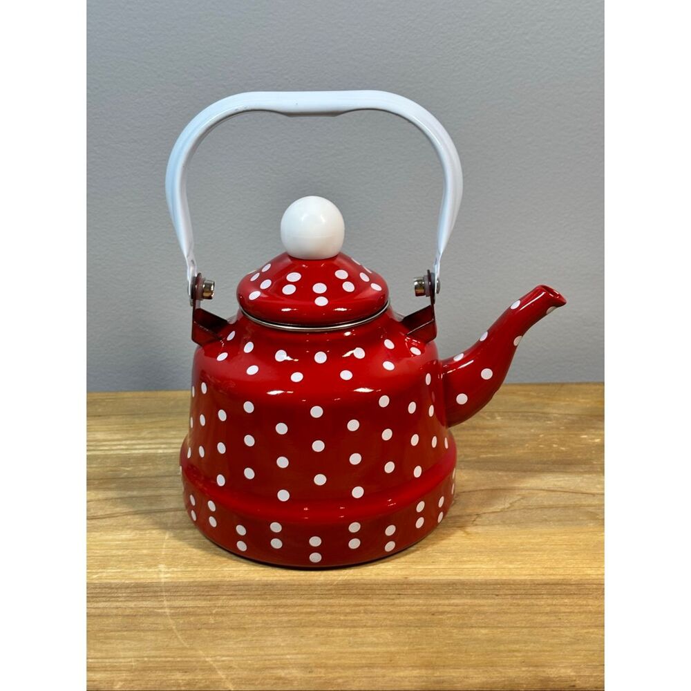 Longfel red and white polkadot enamel tea kettle/teapot
